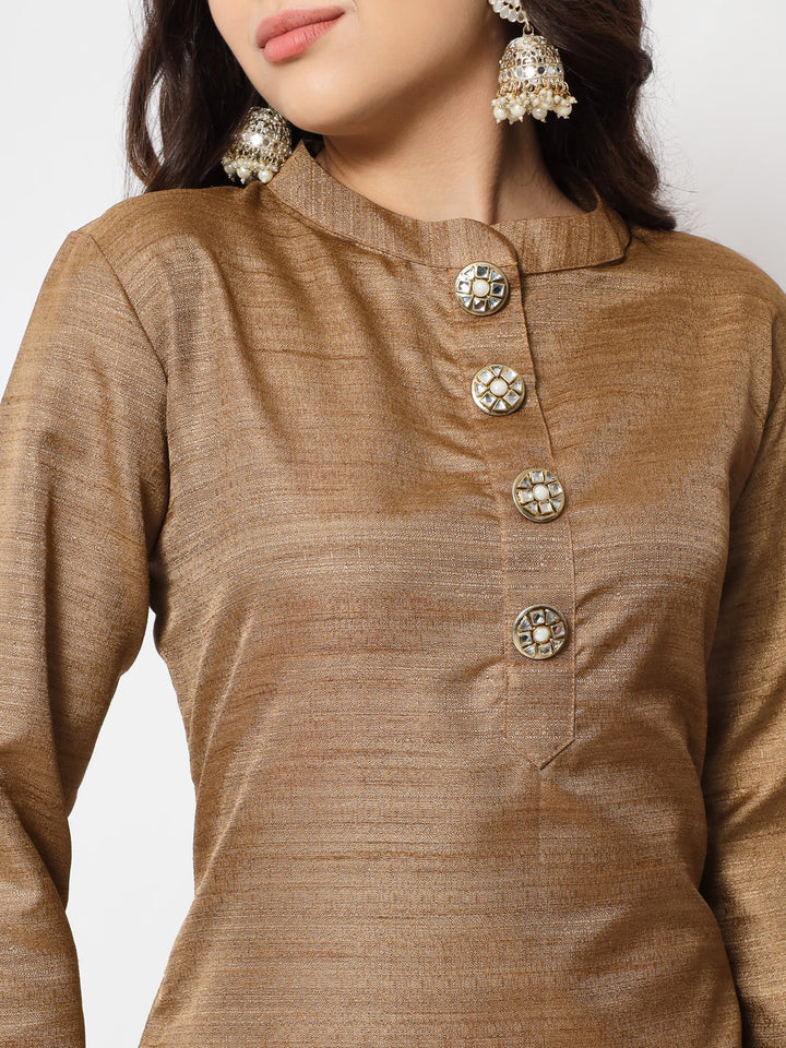 anokherang Combos Hazel Gold Kundan Silk Kurti with Straight Pants