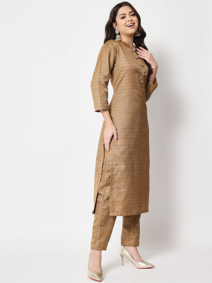anokherang Combos Hazel Gold Kundan Silk Kurti with Straight Pants