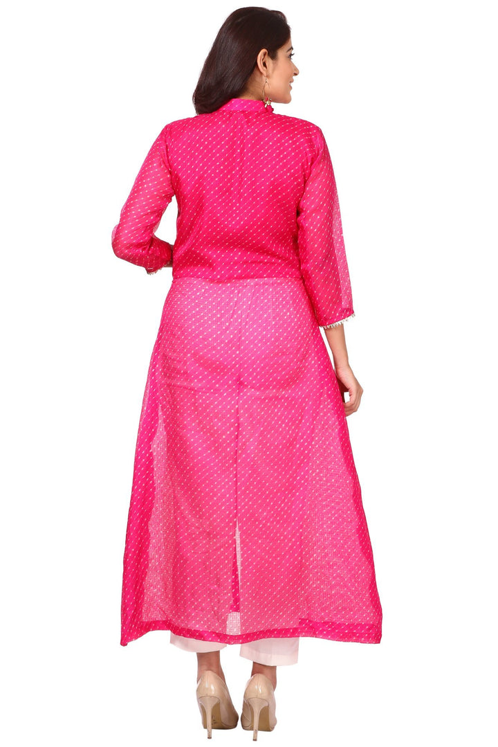 anokherang Combos Hot Pink Leheriya Turtle Neck Front Slit Kurti