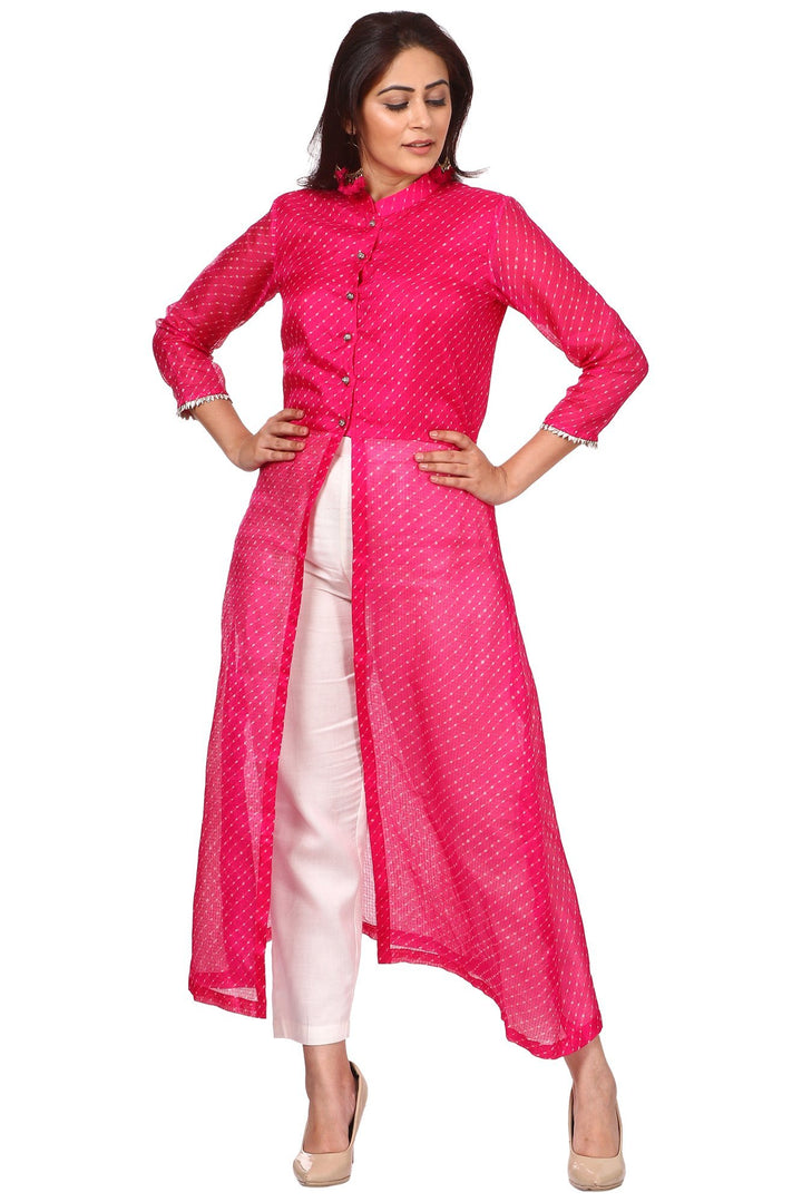 anokherang Combos Hot Pink Leheriya Turtle Neck Front Slit Kurti