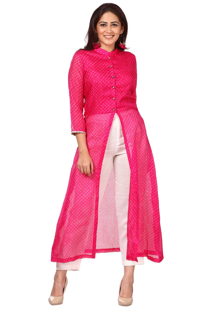 anokherang Combos Hot Pink Leheriya Turtle Neck Front Slit Kurti