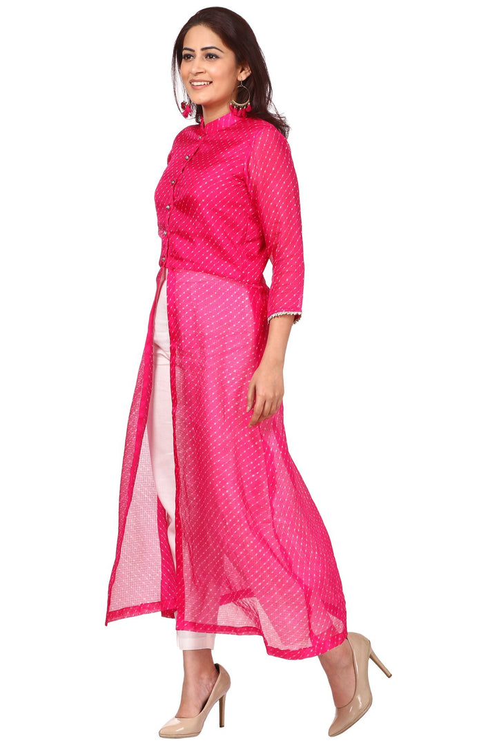 anokherang Combos Hot Pink Leheriya Turtle Neck Front Slit Kurti