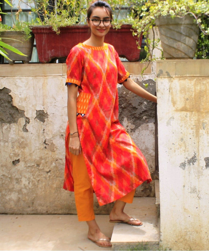 anokherang Combos Ikkat Mirage Straight Kurti with Pockets and Straight Pants