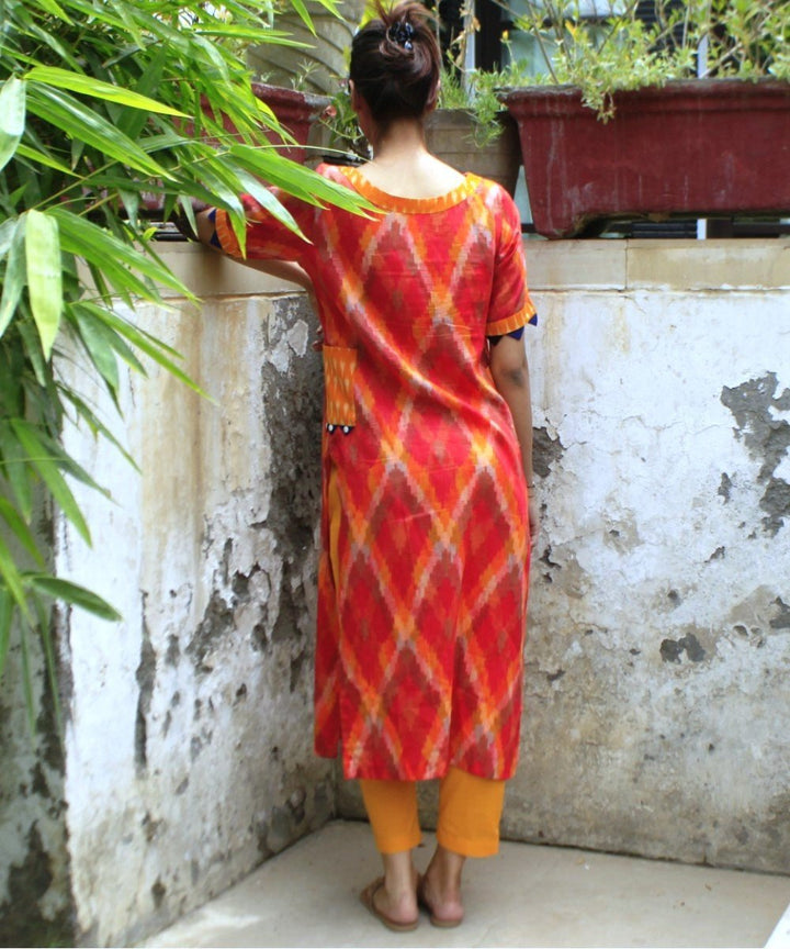 anokherang Combos Ikkat Mirage Straight Kurti with Pockets and Straight Pants