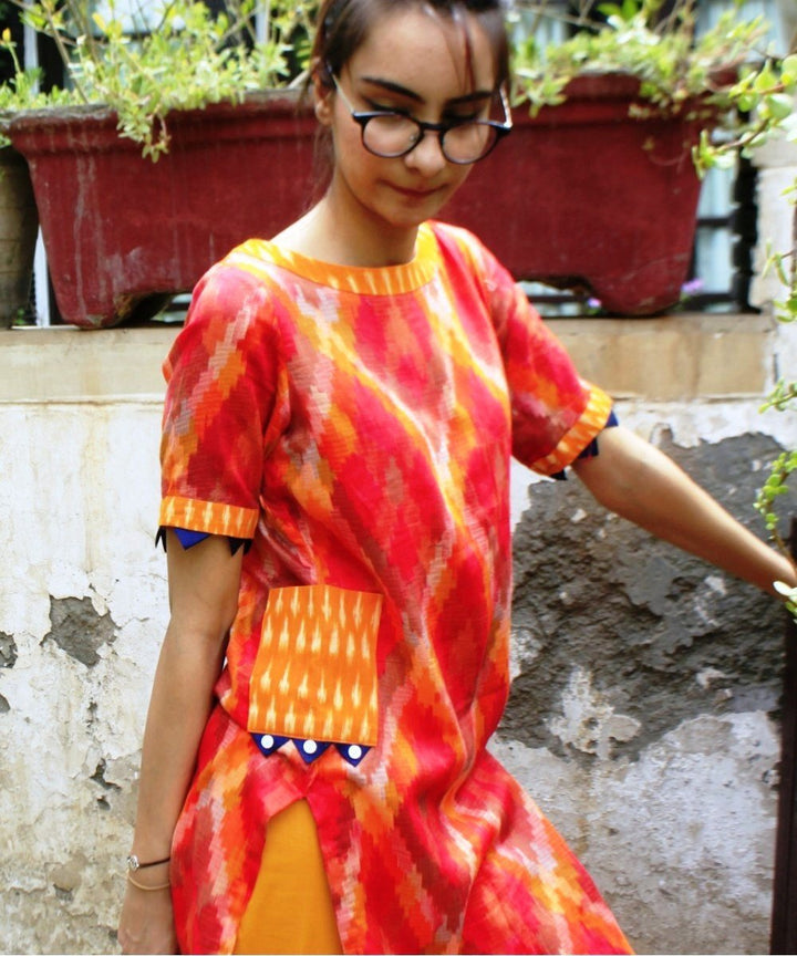 anokherang Combos Ikkat Mirage Straight Kurti with Pockets and Straight Pants