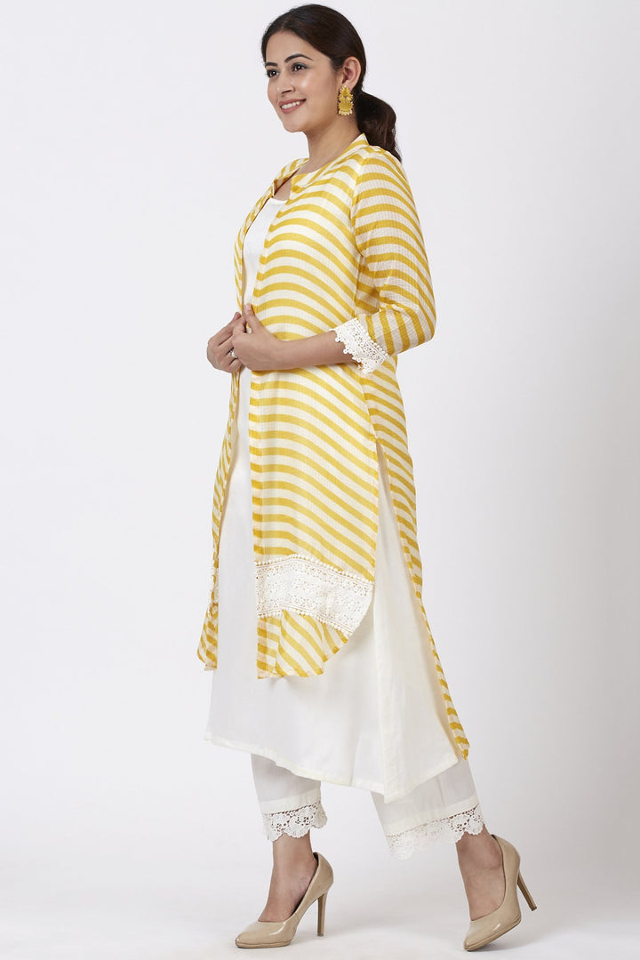 anokherang Combos Ivory A-Line Kurti and Straight Pants with Yellow Crochet Jacket