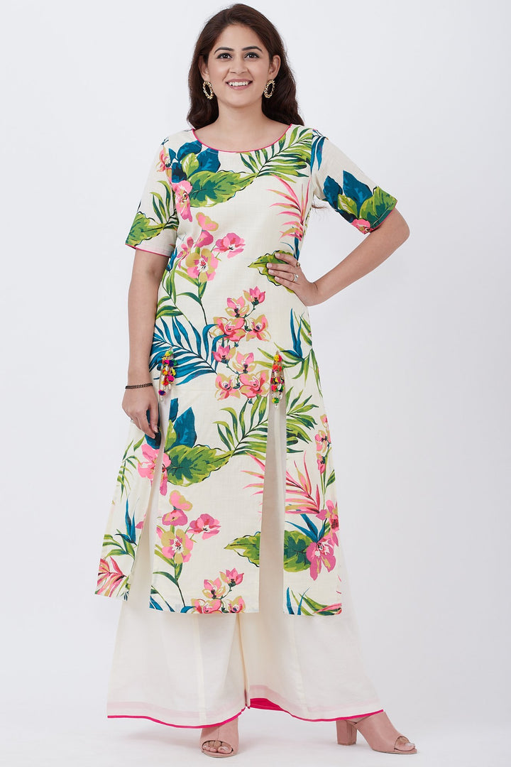 anokherang Combos Ivory Floral Kurti with Off-White Palazzo