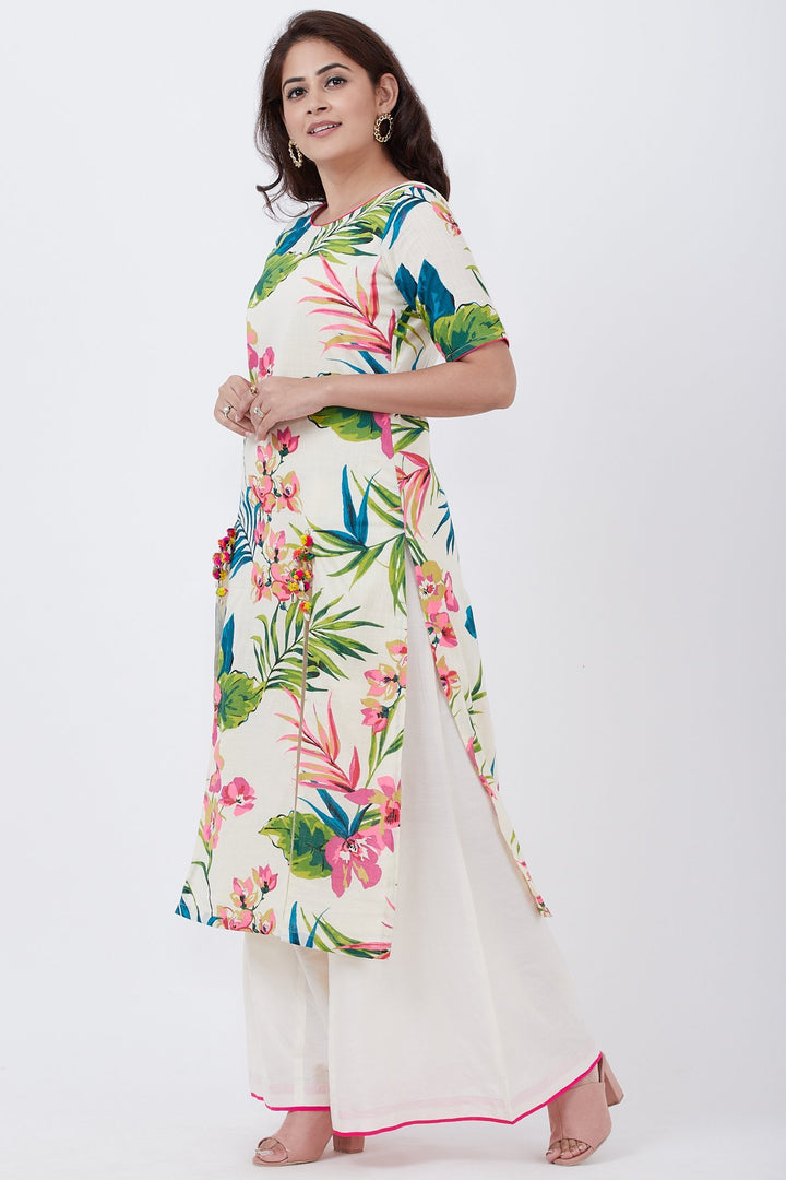anokherang Combos Ivory Floral Kurti with Off-White Palazzo
