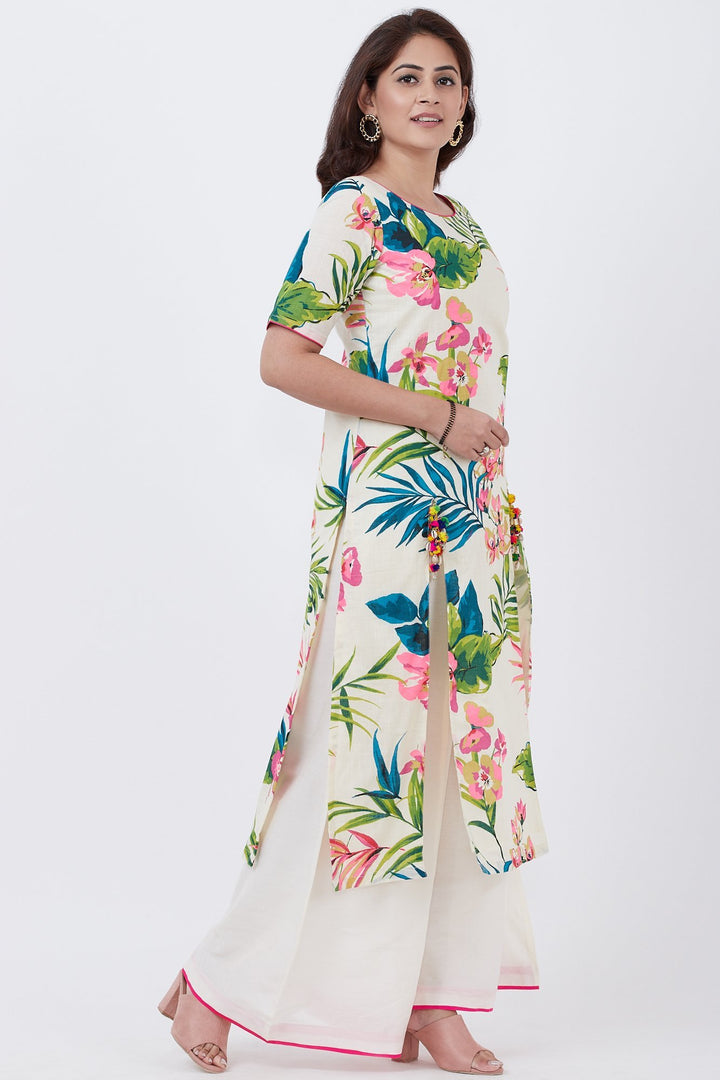 anokherang Combos Ivory Floral Kurti with Off-White Palazzo