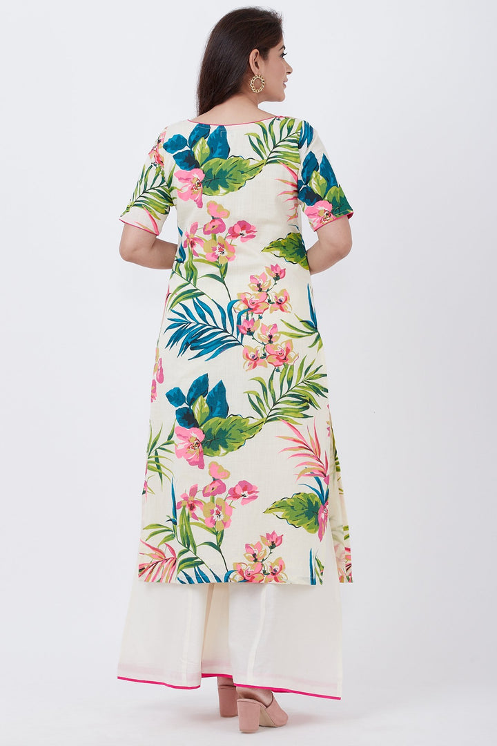 anokherang Combos Ivory Floral Kurti with Off-White Palazzo