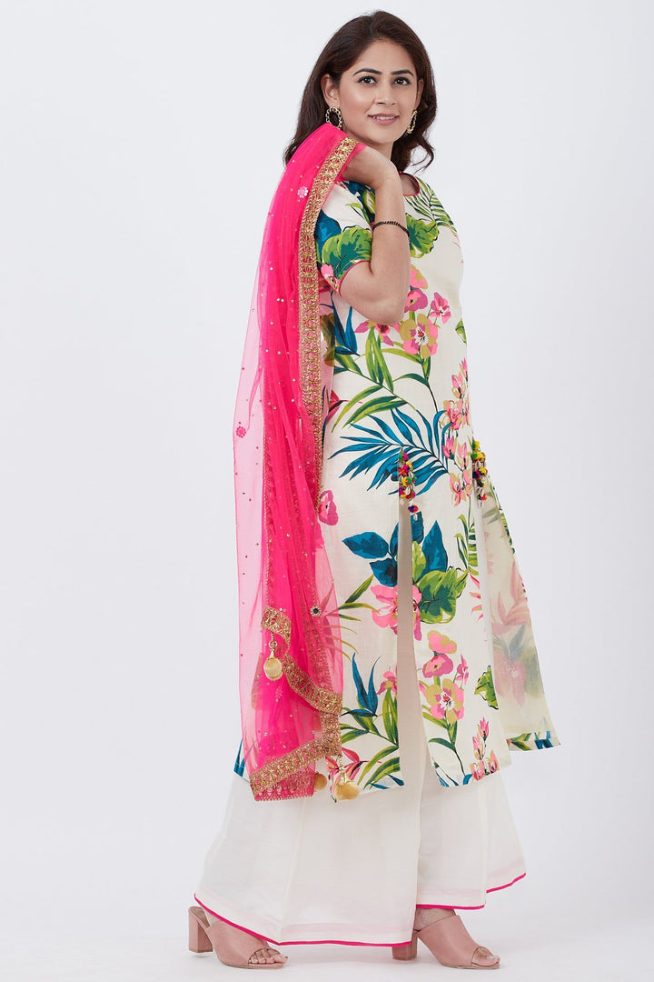 anokherang Combos Ivory Floral Kurti with Off-White Palazzo and Hot Pink Mirror Dupatta