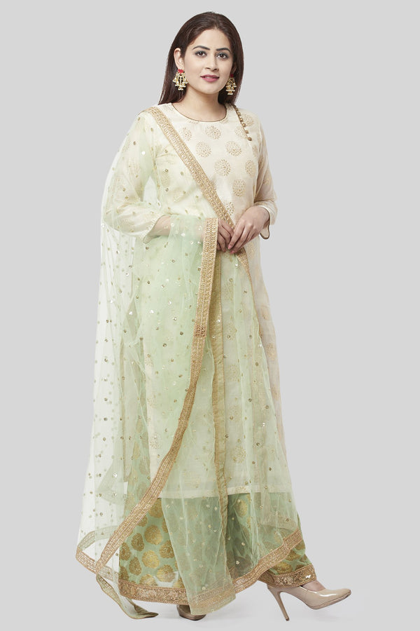 anokherang Combos Ivory Pistachio Kurti with Kalidaar Palazzo and Net Dupatta