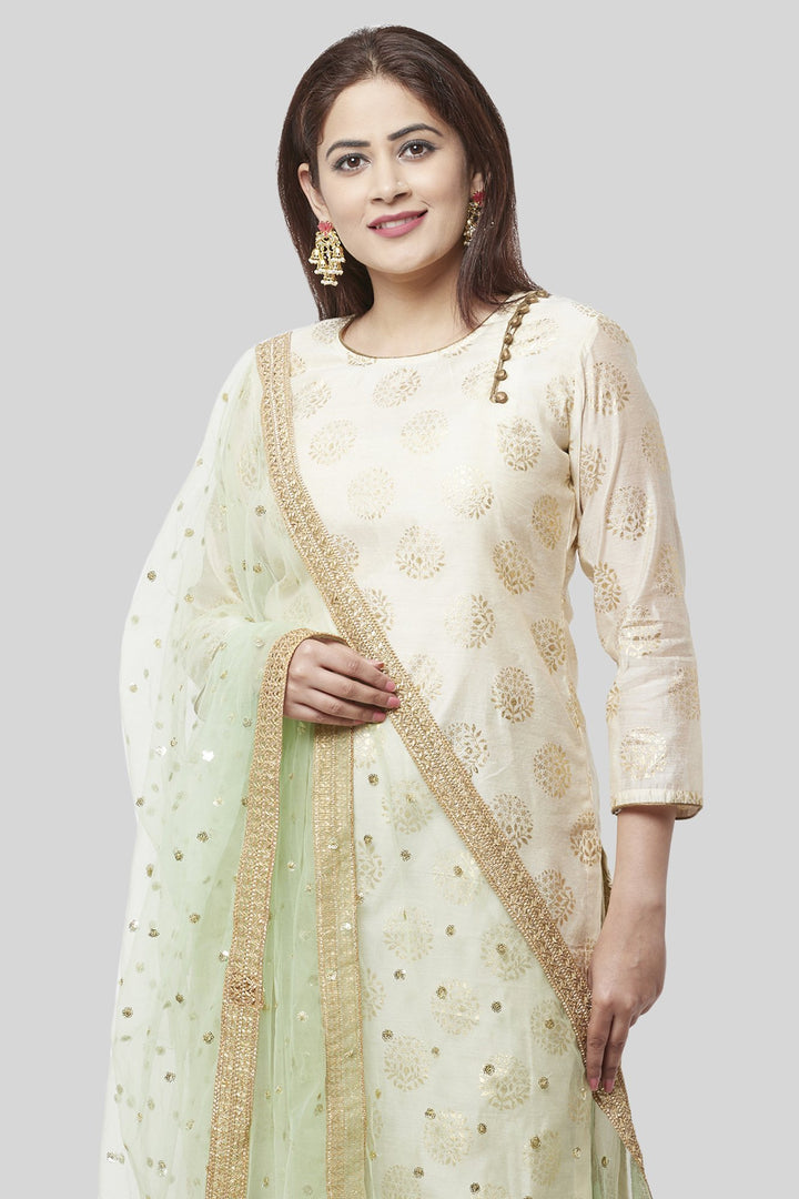 anokherang Combos Ivory Pistachio Kurti with Kalidaar Palazzo and Net Dupatta