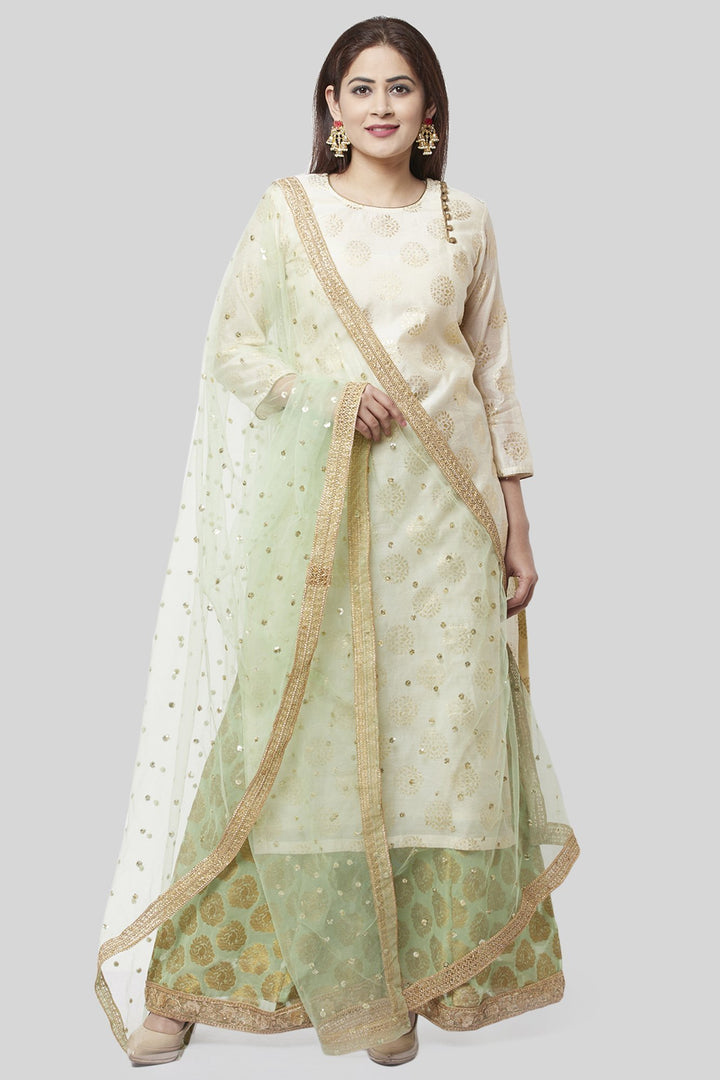anokherang Combos Ivory Pistachio Kurti with Kalidaar Palazzo and Net Dupatta