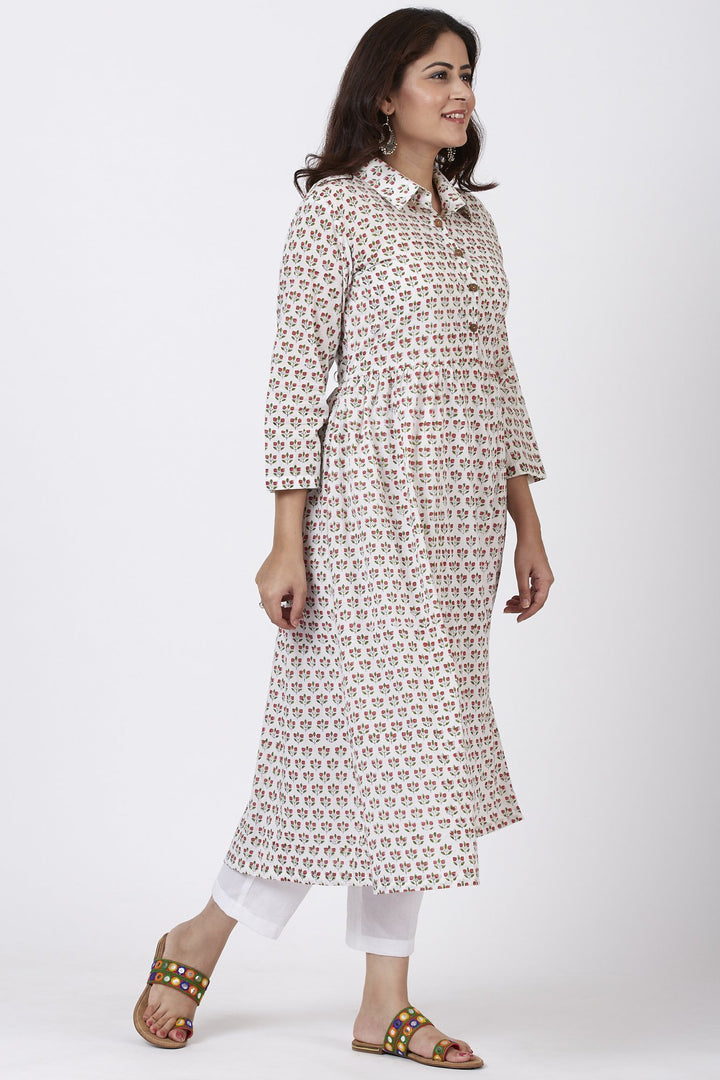 anokherang Combos Ivory Printed Flared Cotton Kurti with Gathers on waist and Straight Printed Palazzo