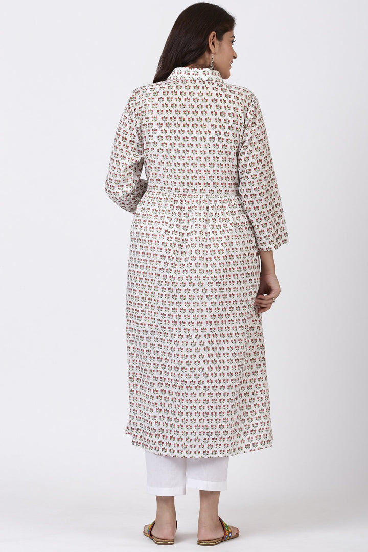 anokherang Combos Ivory Printed Flared Cotton Kurti with Gathers on waist and Straight Printed Palazzo