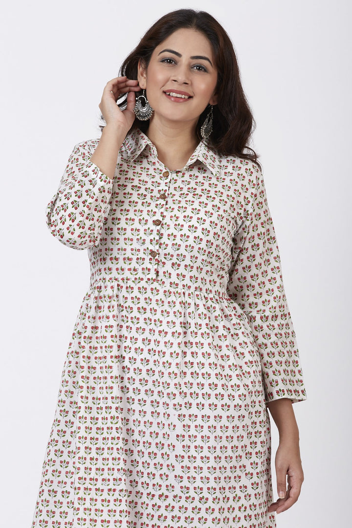 anokherang Combos Ivory Printed Flared Cotton Kurti with Gathers on waist and Straight Printed Palazzo
