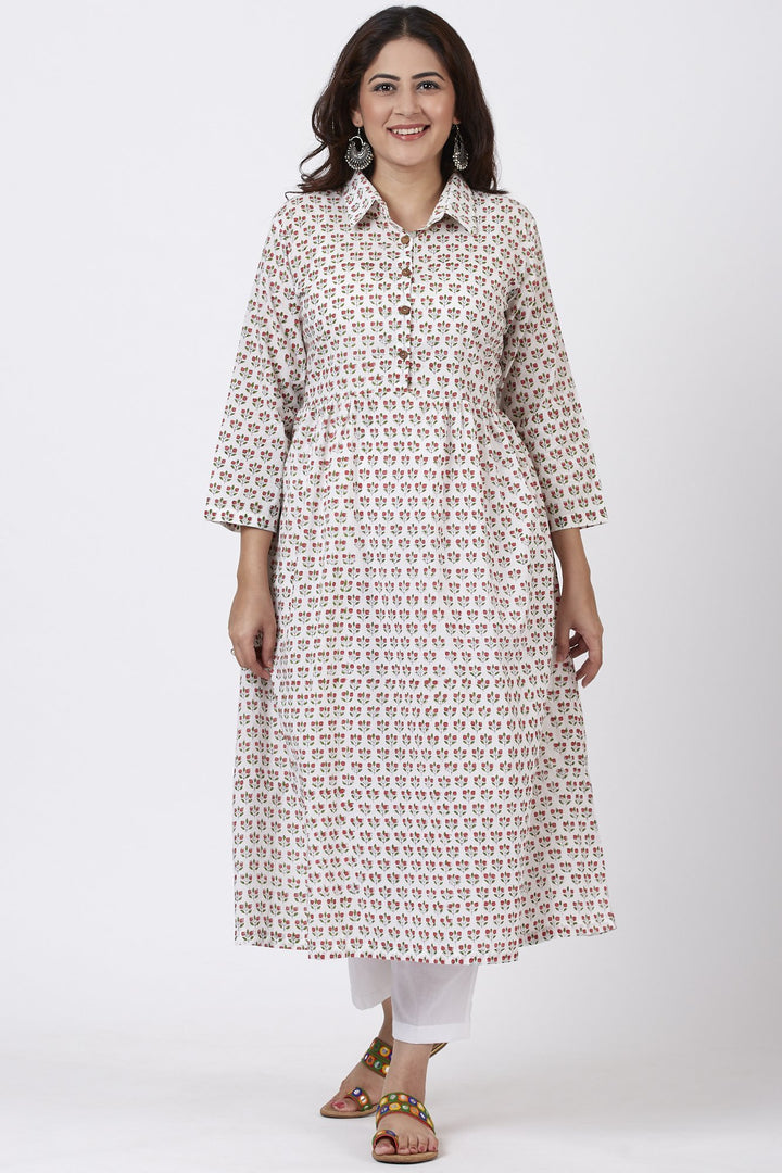 anokherang Combos Ivory Printed Flared Cotton Kurti with Gathers on waist and Straight Printed Palazzo