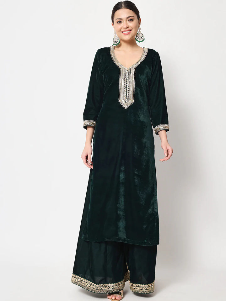 anokherang Combos Jade Green Straight Kurti with Flared Palazzo