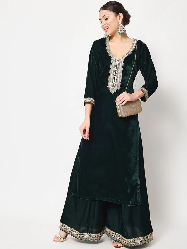 anokherang Combos Jade Green Straight Kurti with Flared Palazzo