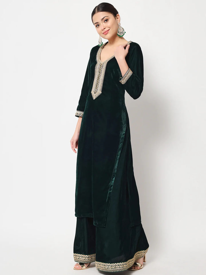 anokherang Combos Jade Green Straight Kurti with Flared Palazzo