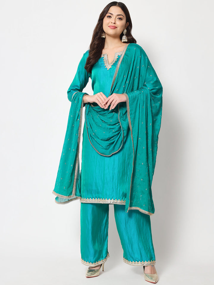 anokherang Combos Jade Green Straight Kurti with Flared Palazzo and Dupatta