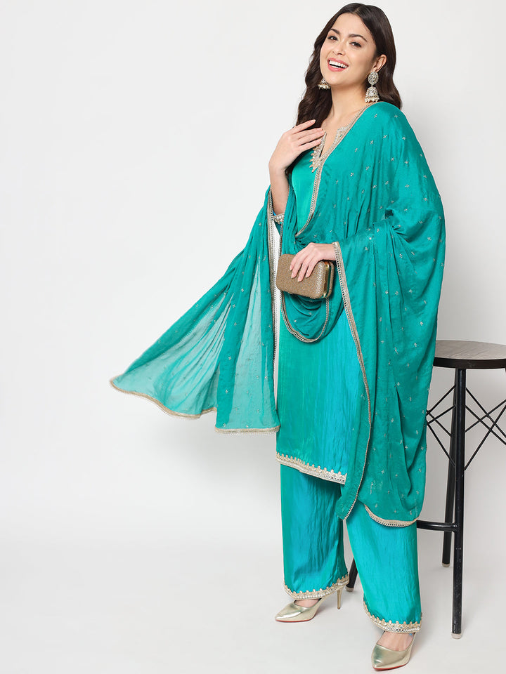 anokherang Combos Jade Green Straight Kurti with Flared Palazzo and Dupatta