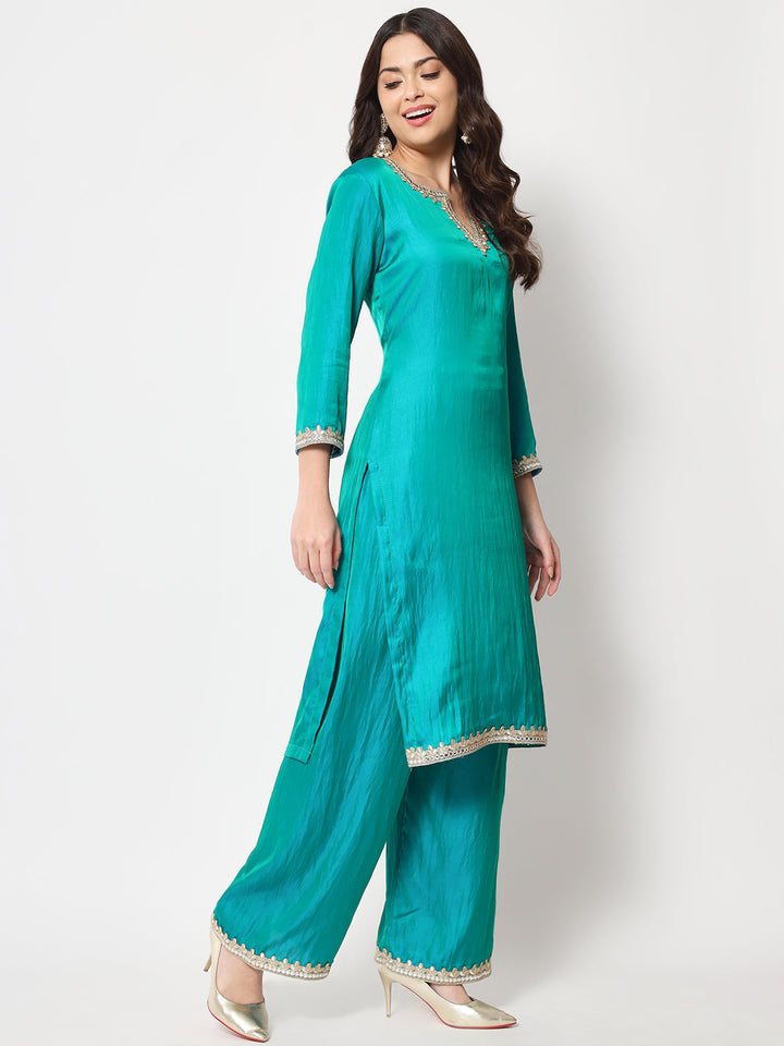 anokherang Combos Jade Green Straight Kurti with Flared Palazzo and Dupatta