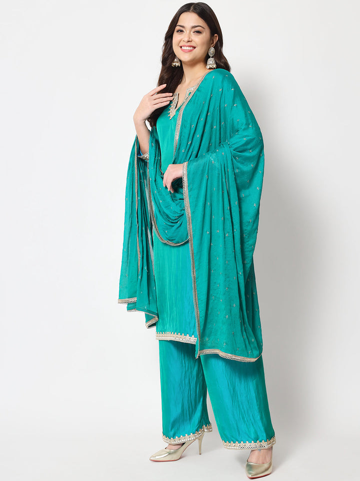 anokherang Combos Jade Green Straight Kurti with Flared Palazzo and Dupatta