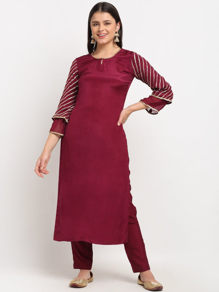 anokherang Combos Jazzy Wine Sequined Sleeves Straight Kurti with Pants
