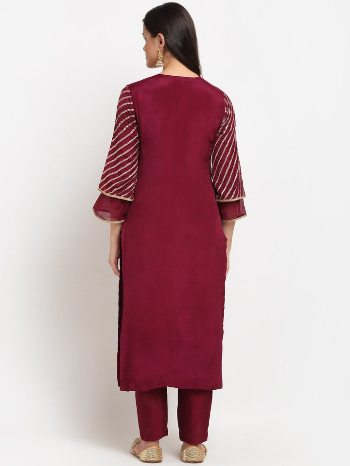 anokherang Combos Jazzy Wine Sequined Sleeves Straight Kurti with Pants