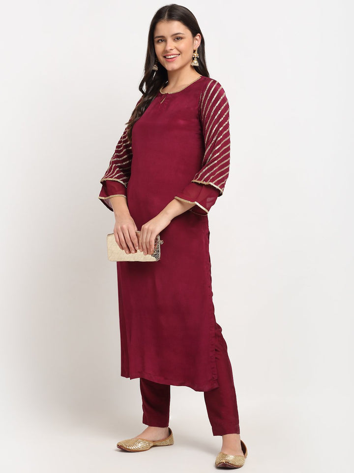 anokherang Combos Jazzy Wine Sequined Sleeves Straight Kurti with Pants
