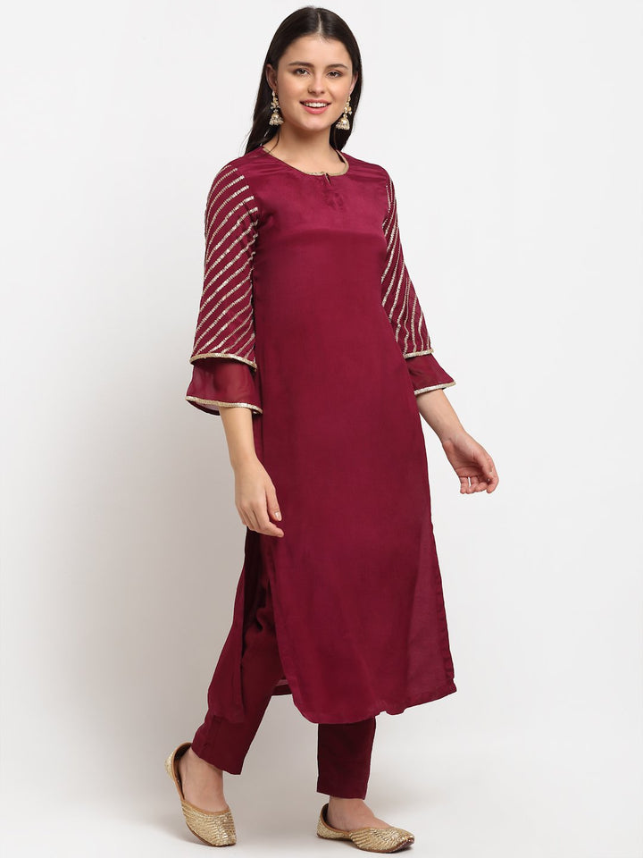anokherang Combos Jazzy Wine Sequined Sleeves Straight Kurti with Pants