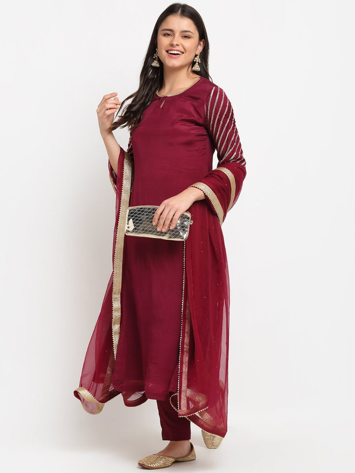 anokherang Combos Jazzy Wine Sequined Sleeves Straight Kurti with Pants and Net Mokaish Dupatta