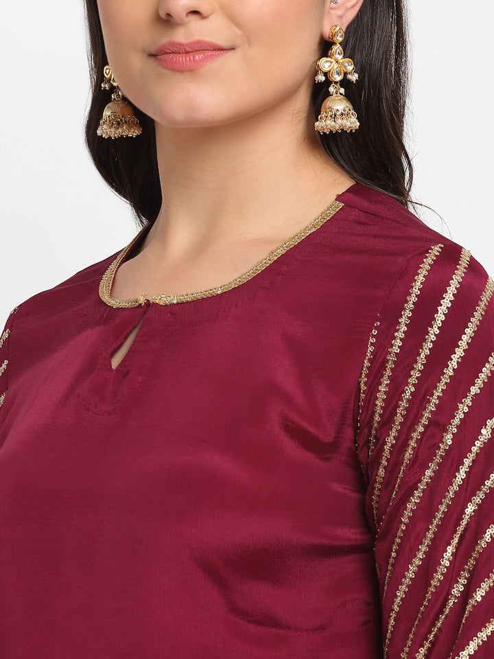 anokherang Combos Jazzy Wine Sequined Sleeves Straight Kurti with Pants and Net Mokaish Dupatta