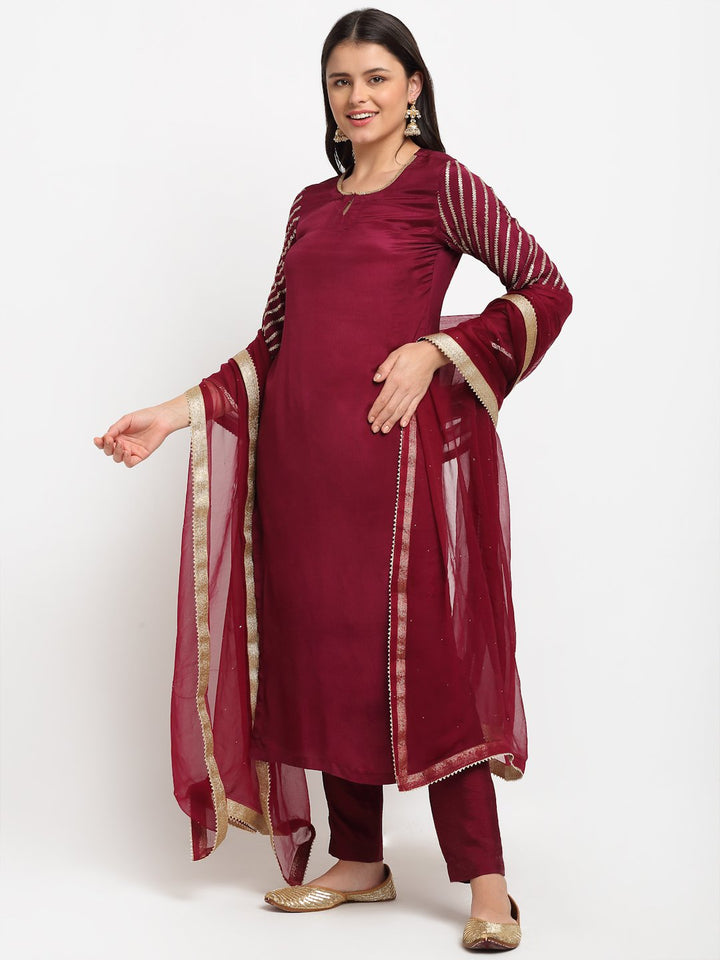 anokherang Combos Jazzy Wine Sequined Sleeves Straight Kurti with Pants and Net Mokaish Dupatta