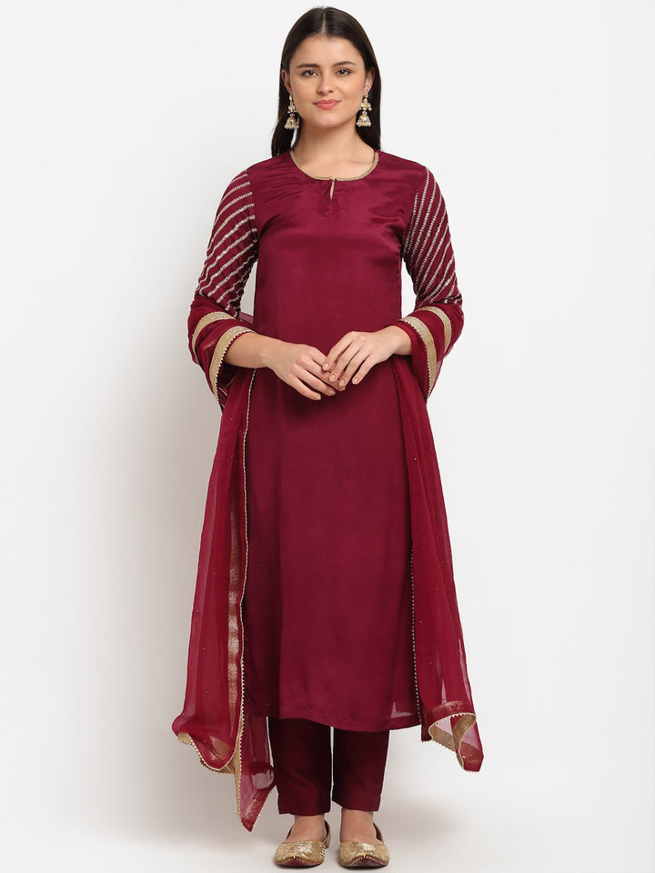 anokherang Combos Jazzy Wine Sequined Sleeves Straight Kurti with Pants and Net Mokaish Dupatta