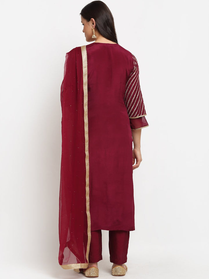 anokherang Combos Jazzy Wine Sequined Sleeves Straight Kurti with Pants and Net Mokaish Dupatta