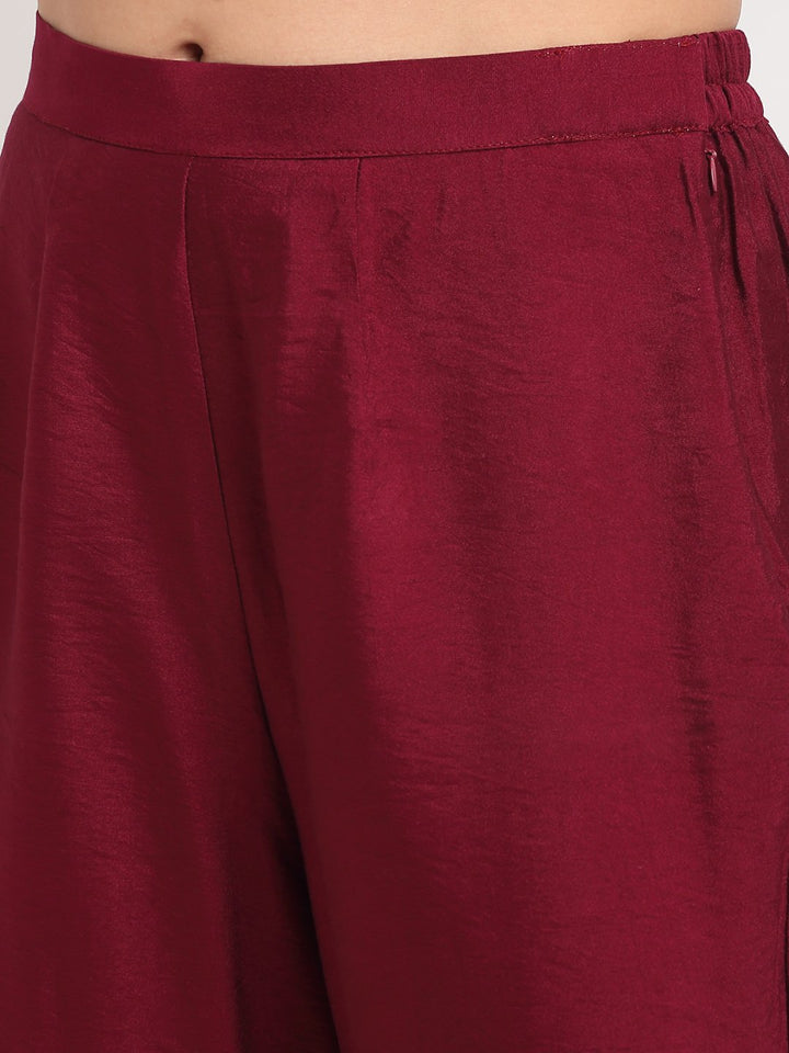 anokherang Combos Jazzy Wine Sequined Sleeves Straight Kurti with Pants and Net Mokaish Dupatta