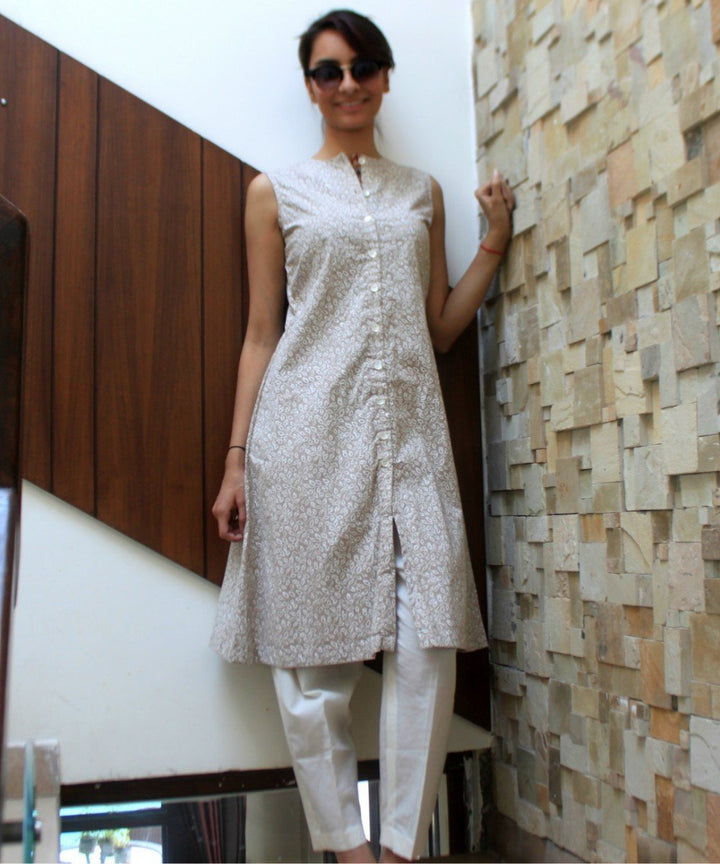 anokherang Combos Khakhi Knee Length Button Down Kurti with Straight Pants