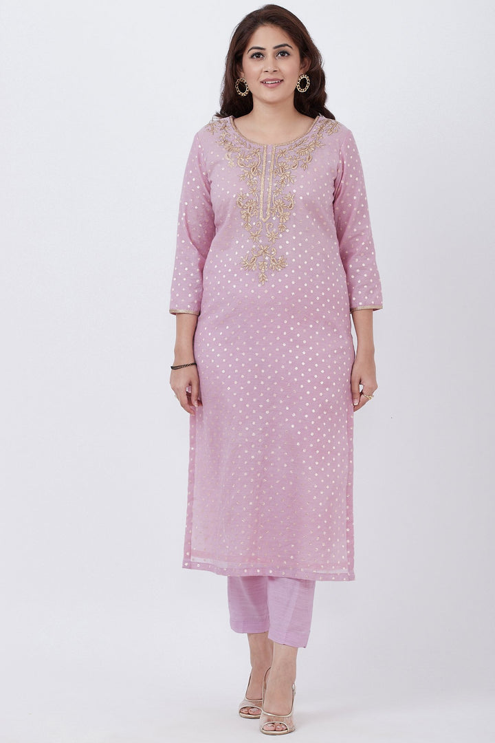 anokherang Combos Lavender Badla Embroided Kurti with Straight Pants