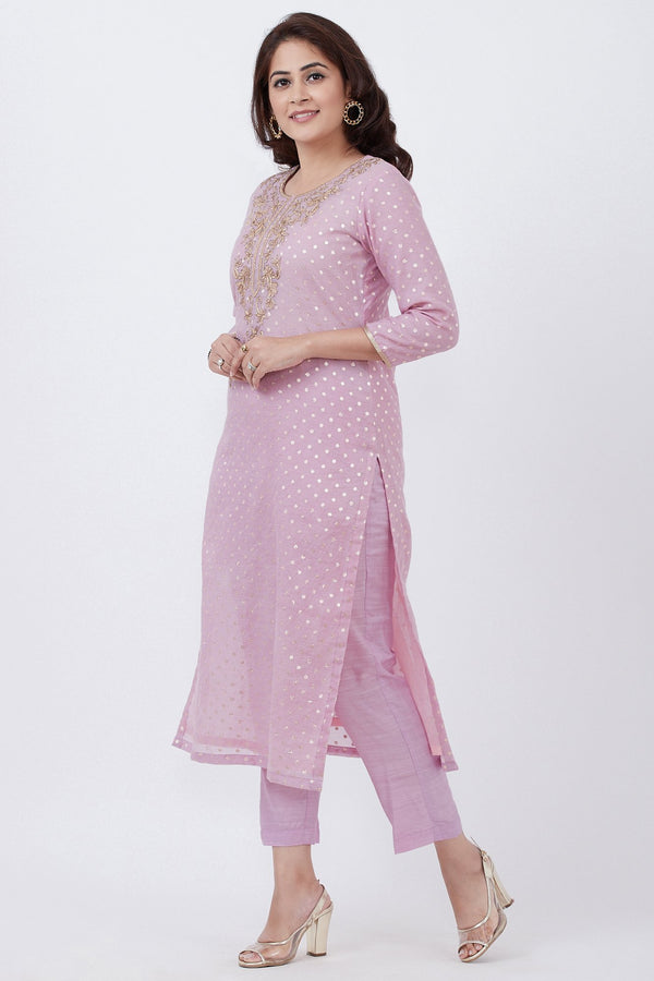 anokherang Combos Lavender Badla Embroided Kurti with Straight Pants