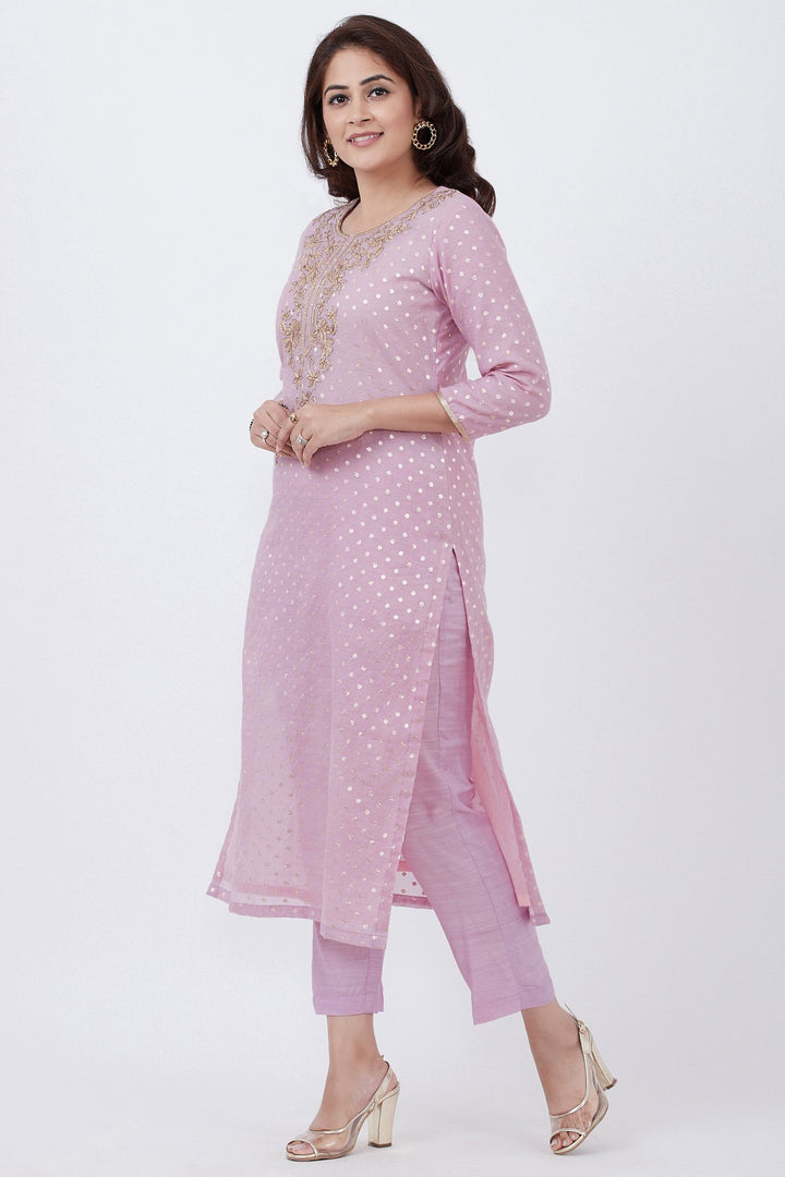 anokherang Combos Lavender Badla Embroided Kurti with Straight Pants