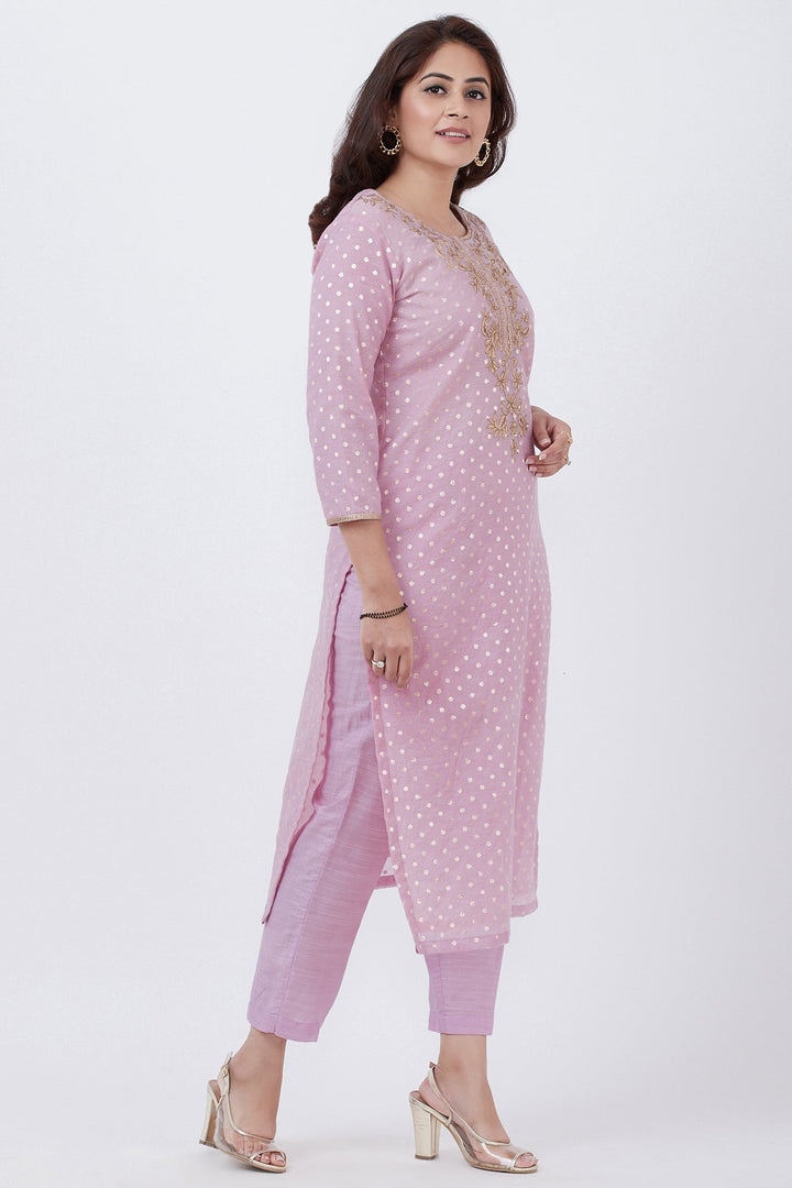 anokherang Combos Lavender Badla Embroided Kurti with Straight Pants