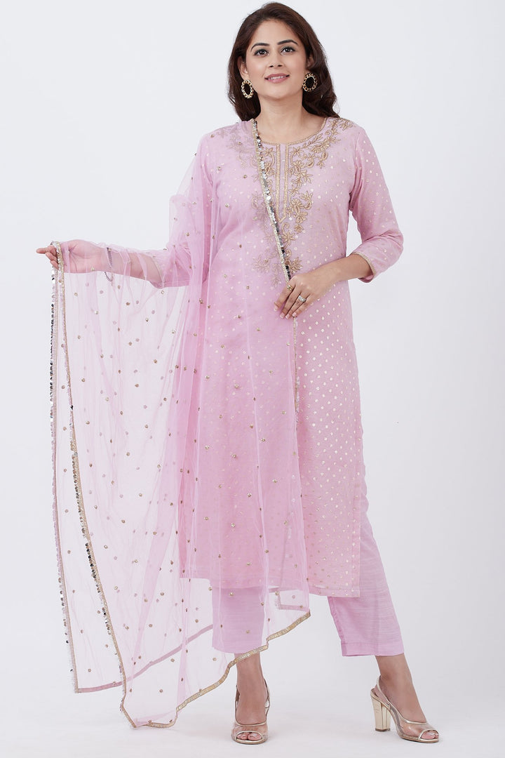 anokherang Combos Lavender Badla Embroided Kurti with Straight Pants and Net Sequins Dupatta