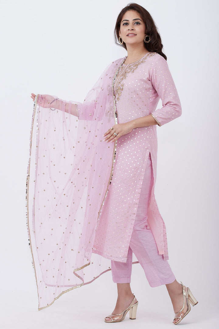 anokherang Combos Lavender Badla Embroided Kurti with Straight Pants and Net Sequins Dupatta