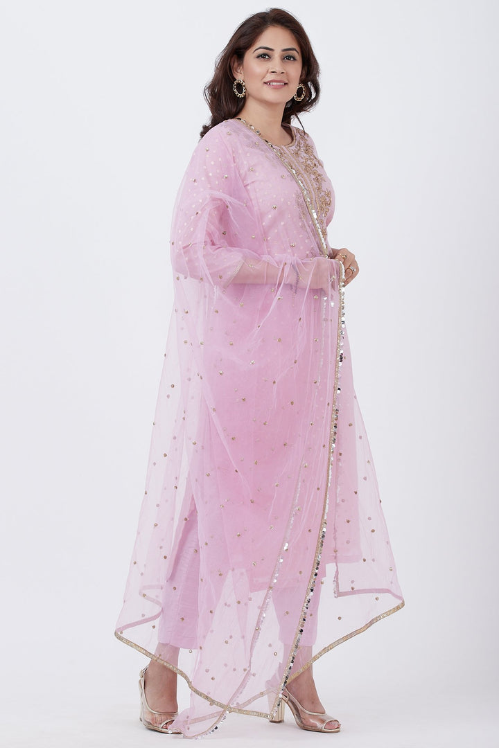 anokherang Combos Lavender Badla Embroided Kurti with Straight Pants and Net Sequins Dupatta