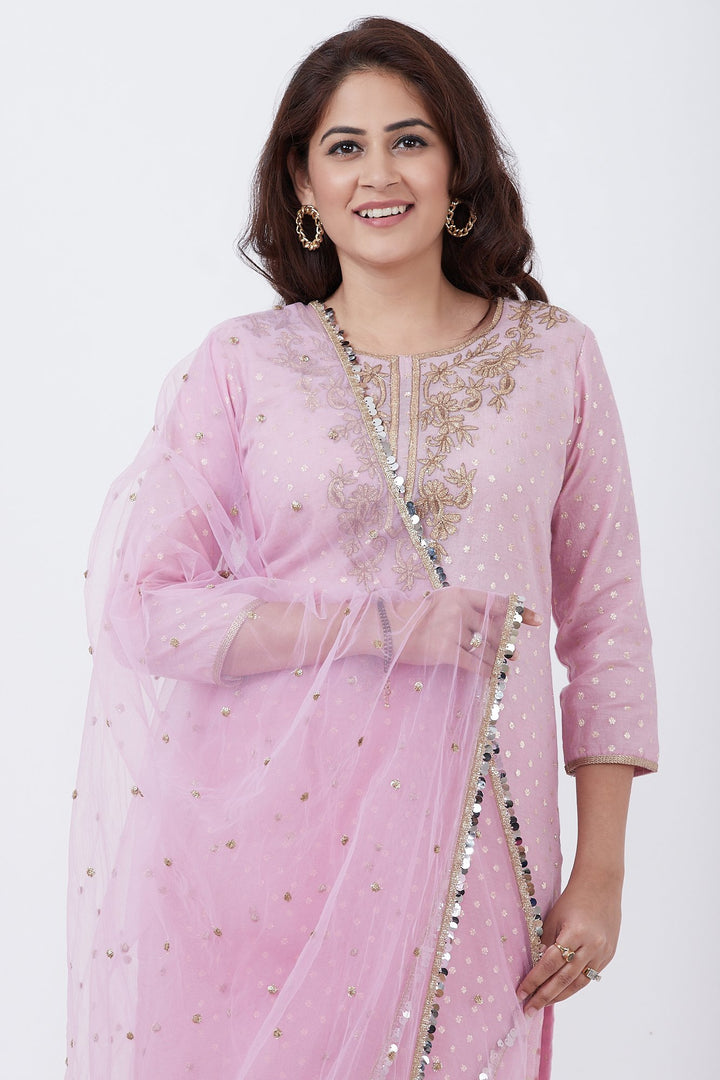 anokherang Combos Lavender Badla Embroided Kurti with Straight Pants and Net Sequins Dupatta