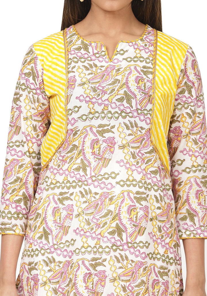 anokherang Combos Lavender Leheriya Jacket Style Kurti with Straight Pants