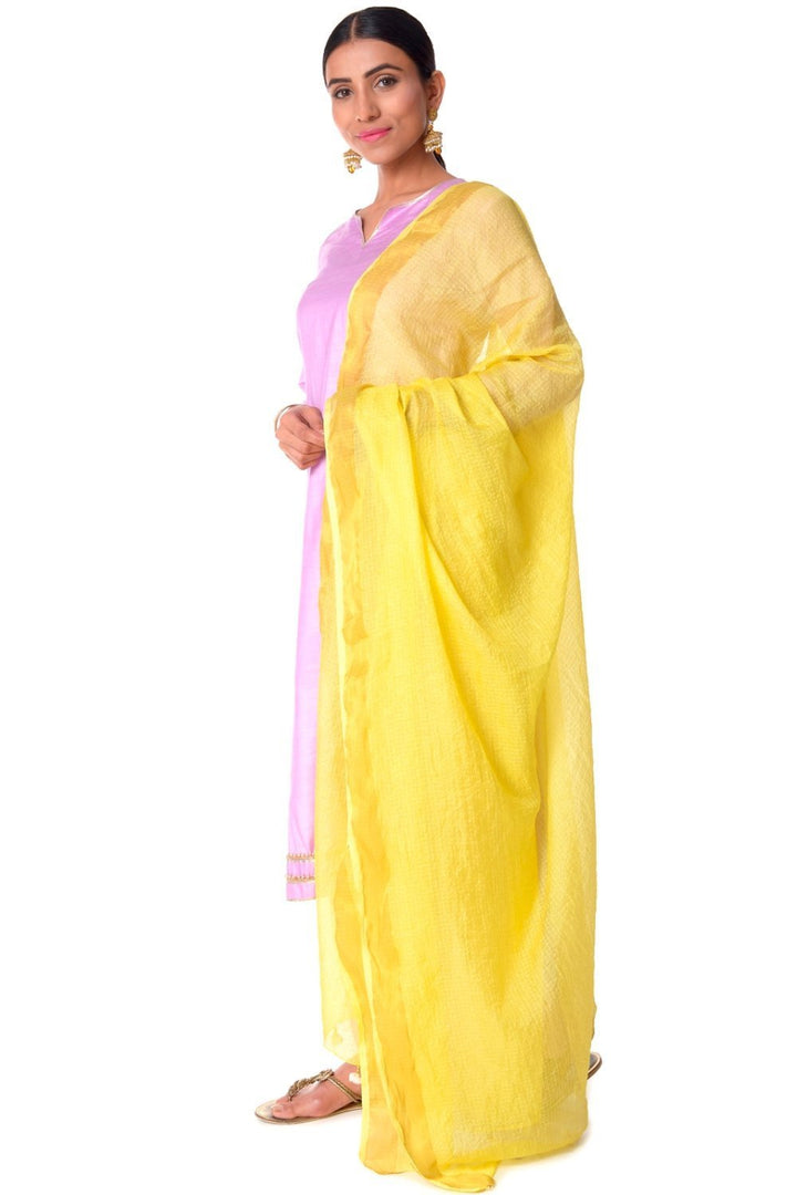 anokherang Combos Lavender Silk Kurti with Straight Palazzos and Yellow Kota Dupatta